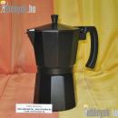 Fekete kotyogós kávéfőző 6 adagos, élelmiszeripari alumínium öntvényből, műanyag fülel 21 cm magas.