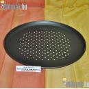 Alacsony oldalú kör alakú, alulról fölfelé szélesedő 32 cm átmérőjű lyukasztott aljú sütőedény.