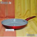Alacsony oldalú gömbölyded nyeles sütőedény 28 cm átmérővel, 5,50 cm magas, nyéllel 48 cm hosszú.