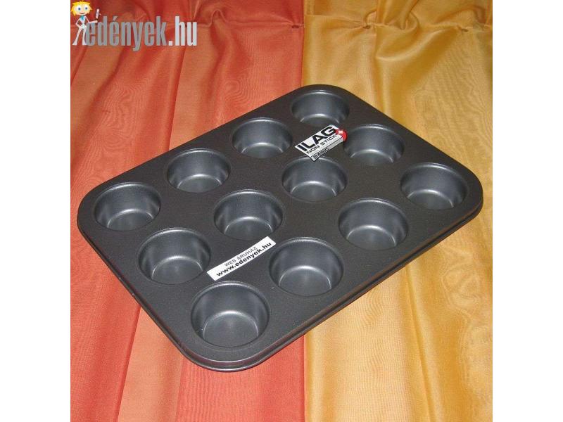 12 db muffinak helyt adó 1 mm vastag bevonatos sütőlemezből készült téglalap alakú sütőt eszköz.