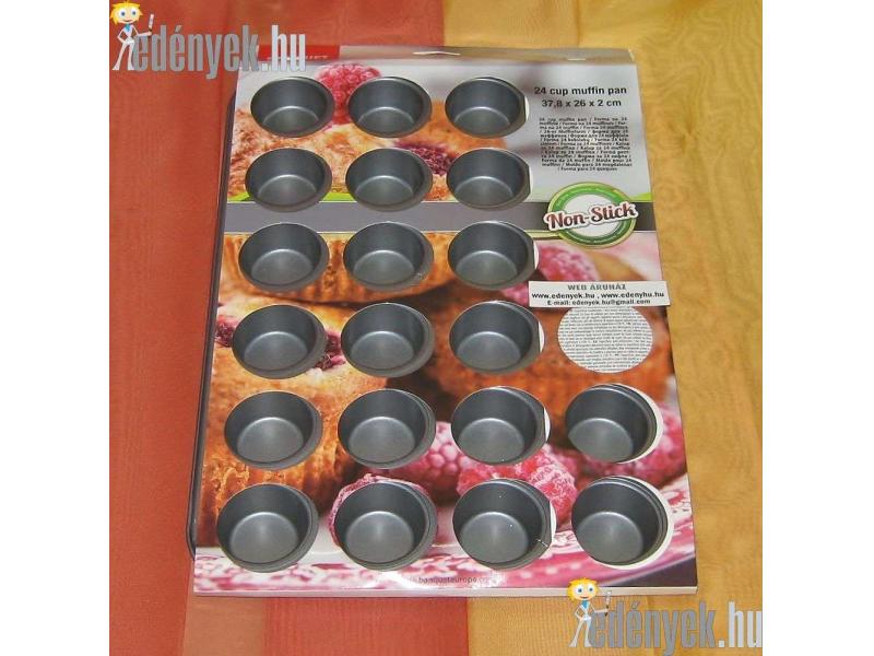 24 db kis muffinak helyt adó 1 mm vastag bevonatos sütőlemezből készült téglalap alakú sütőeszköz.